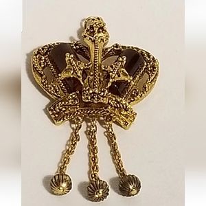 Vintage Gold Tone Crown with Red Brown Stone Statement Pendant